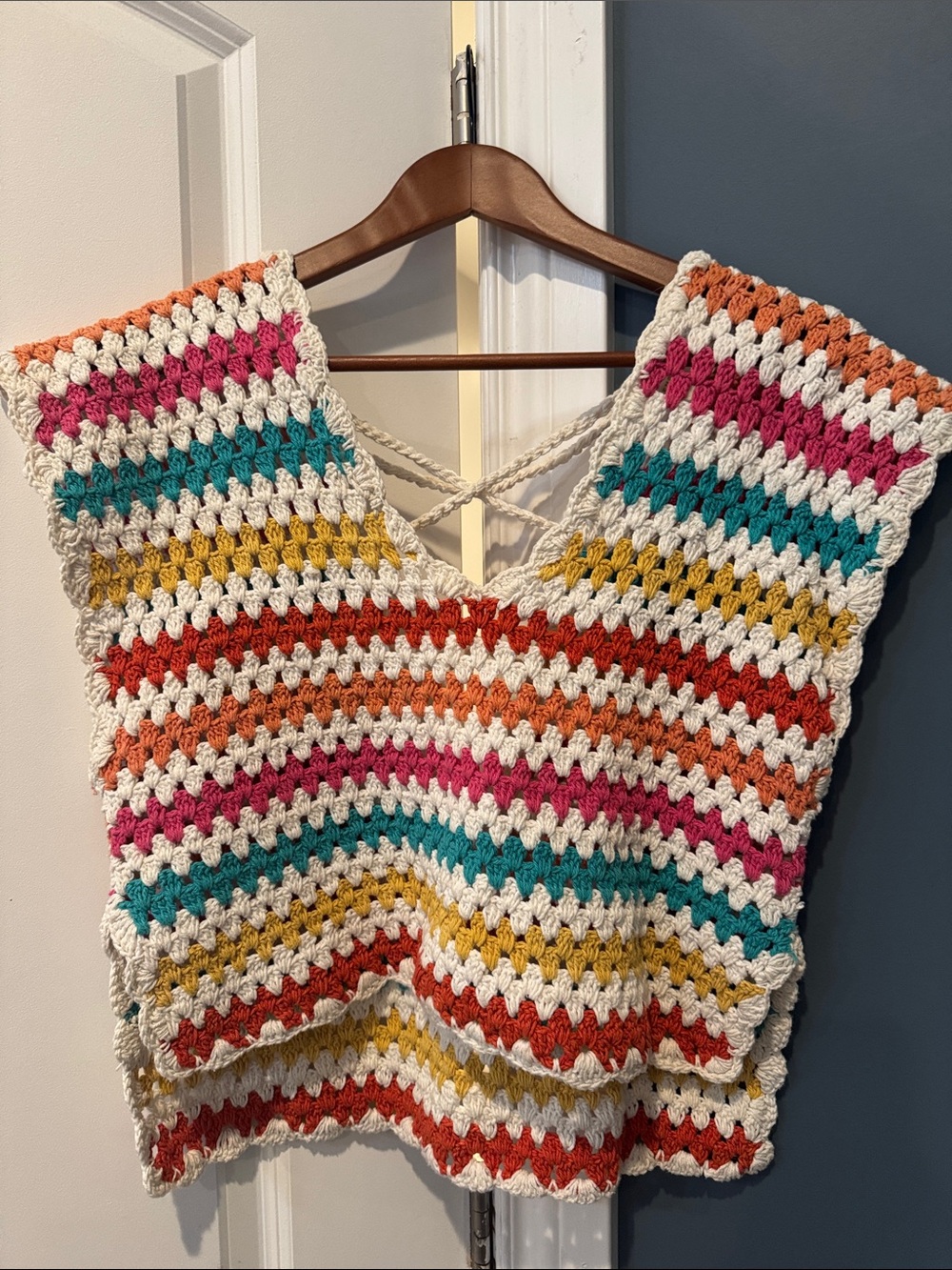 Anthropologie Crochet Tank Top in Cream with Pink, Teal & Orange Stripes